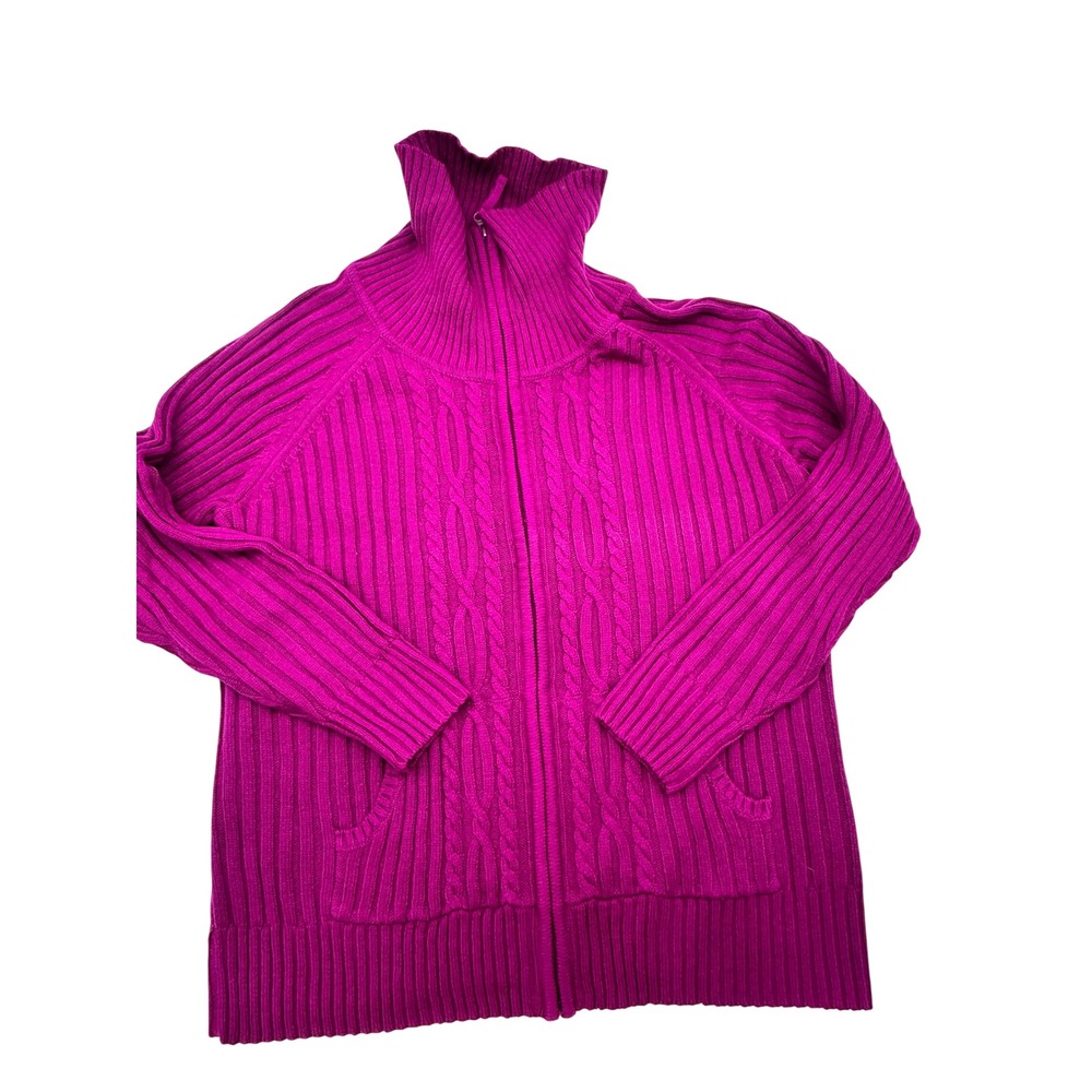St. John's Bay Magenta Purple Cable Knit Full Zip Mock Neck Cardigan Sweater 1X